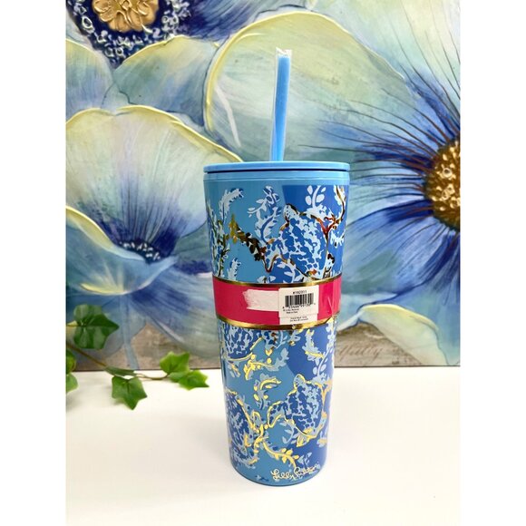 Lilly Pulitzer Travel Drink Tumbler With Straw in Turtley Awesome 24 oz Blue - Picture 5 of 9